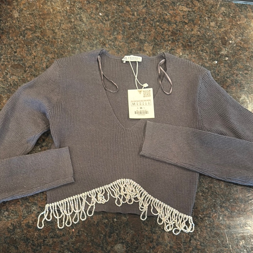 Zara Gray Sweater with crystal Fringe Detail